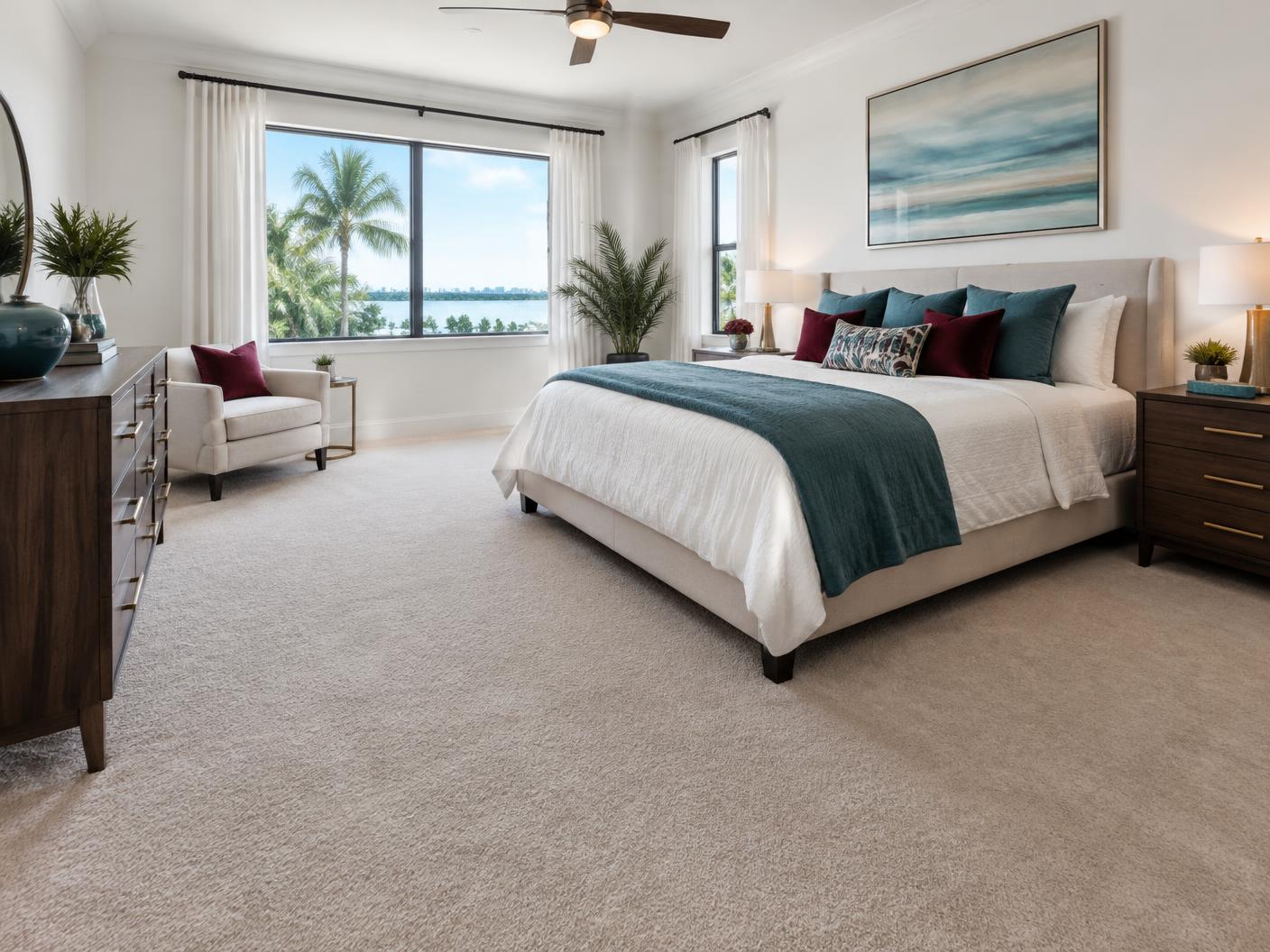 Cozy bedroom with soft neutral carpet in a bright South Florida home