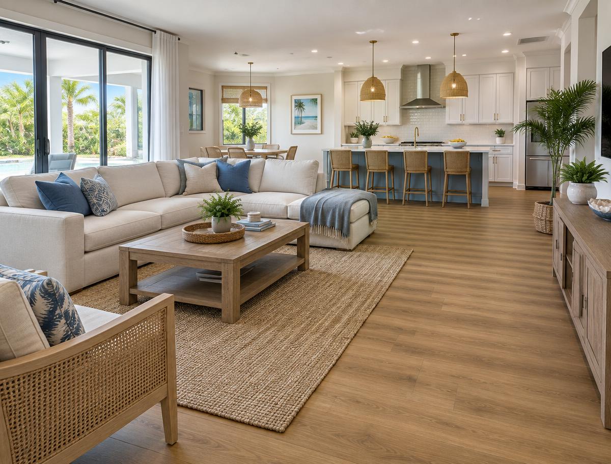 Bright South Florida family room with light oak luxury vinyl plank flooring