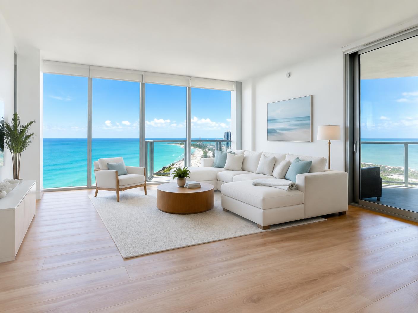 Bright South Florida condo with ocean views and light wood flooring