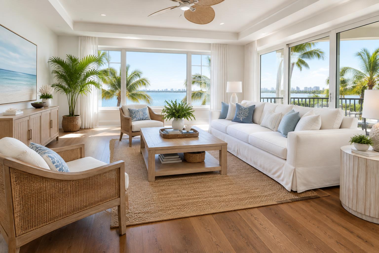 Bright coastal living room with warm solid oak hardwood flooring