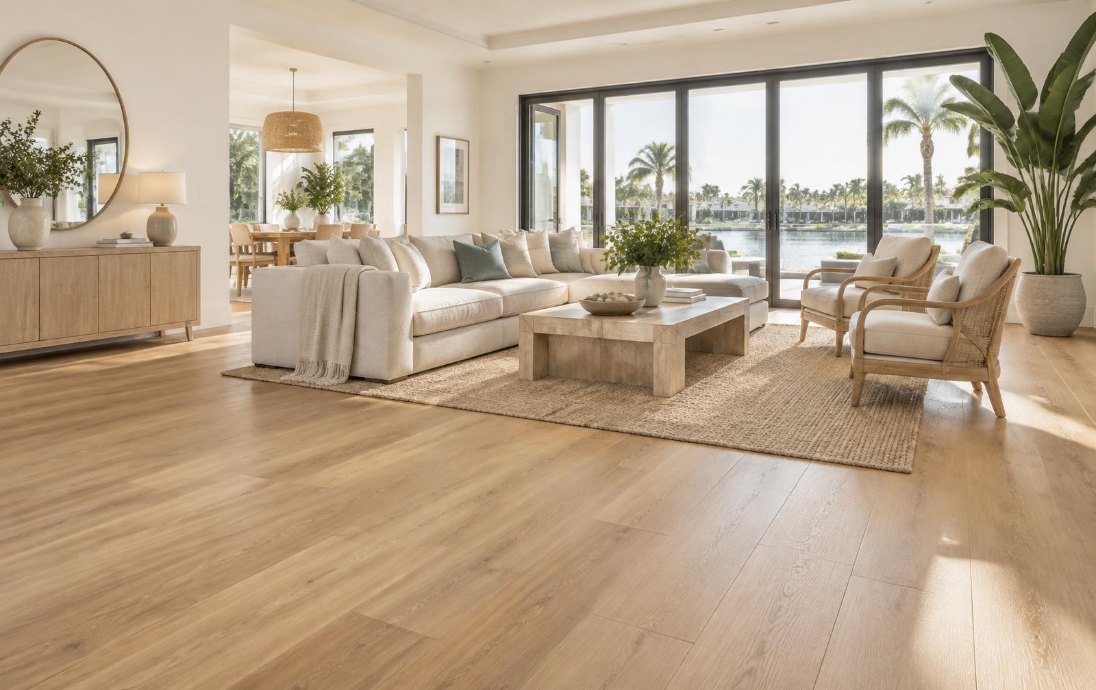 Bright South Florida living room with warm wood-look flooring