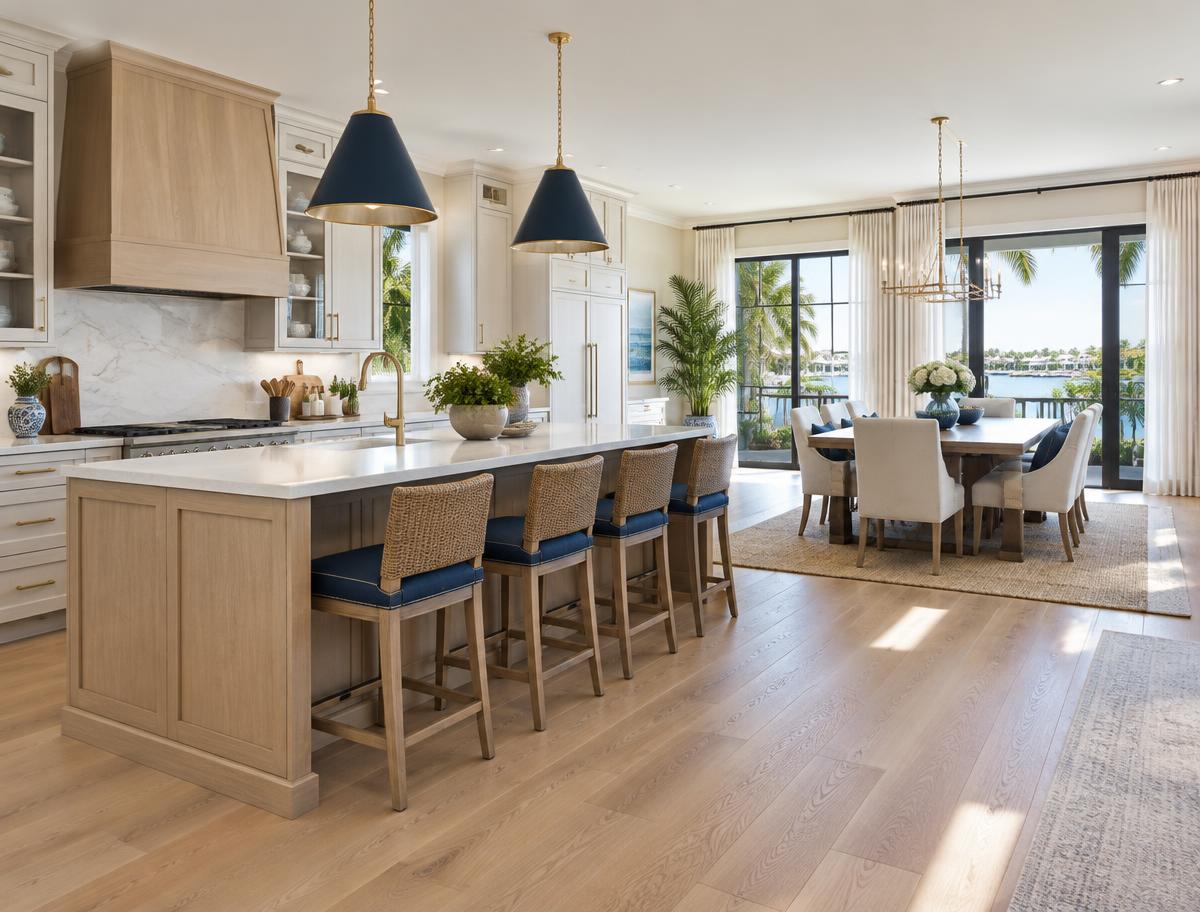 Living room with warm hickory-look laminate flooring and flooring samples