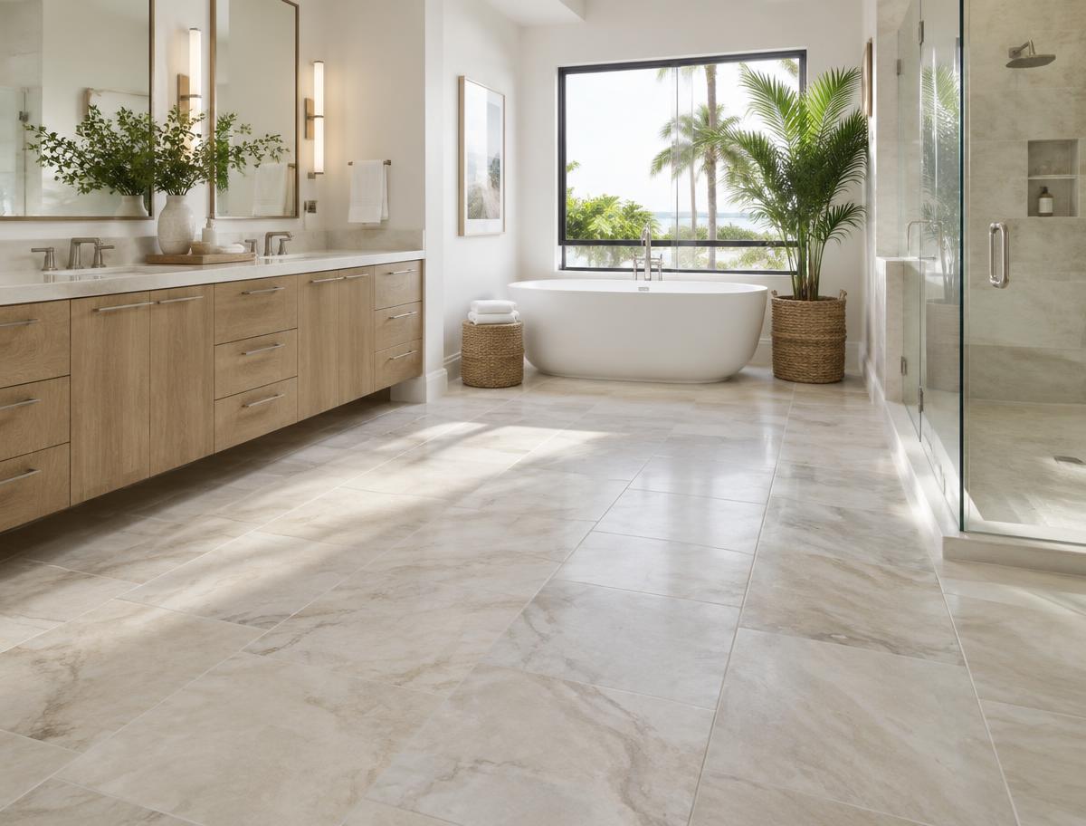 Bright South Florida kitchen with large-format light porcelain tile flooring